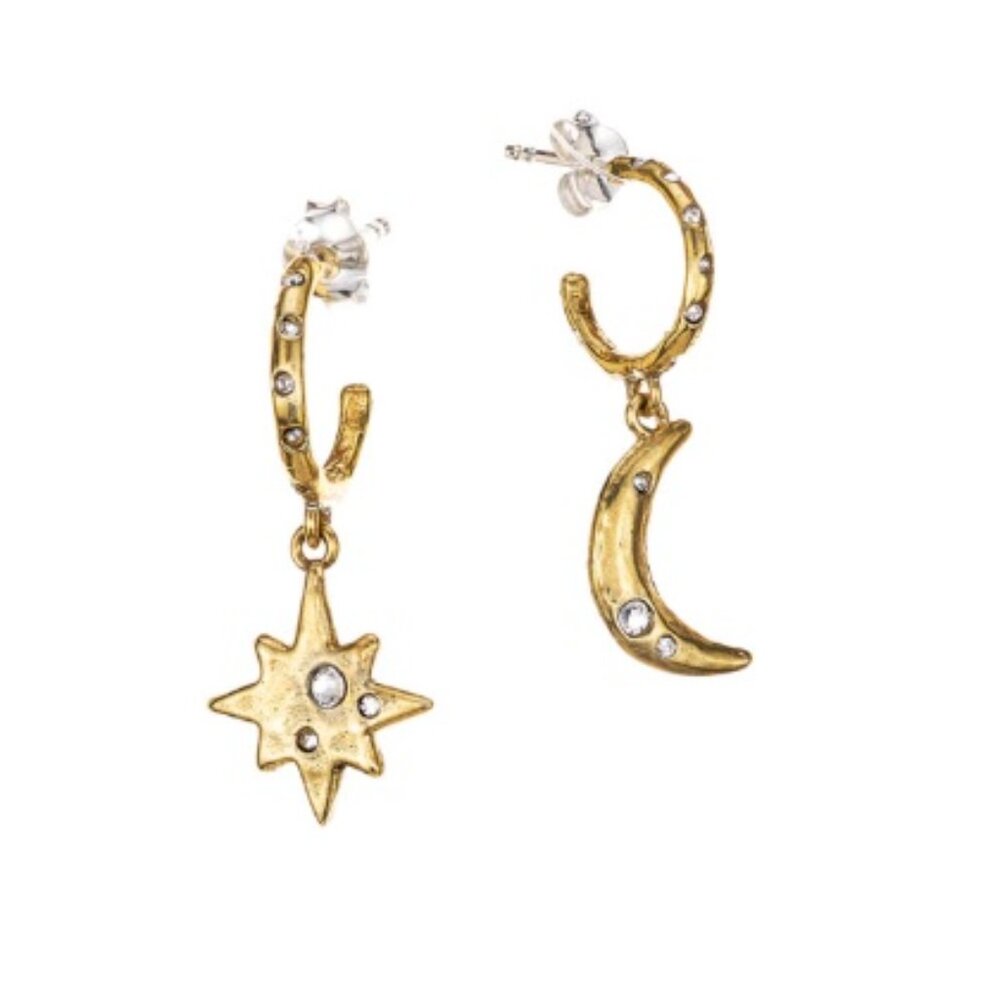 Waxing Poetic Gold Moon & Star Hoop Drop Earrings